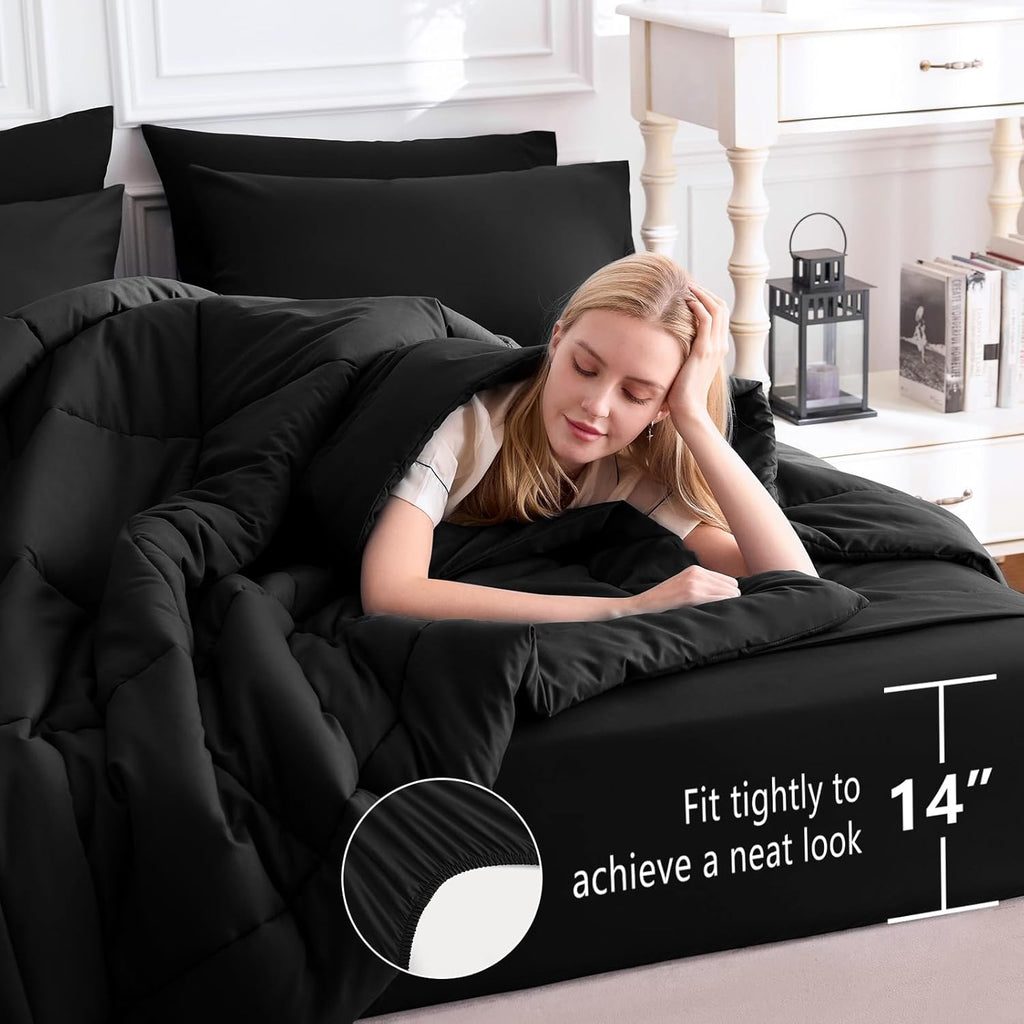 Queen Comforter Set Black, 7 Pieces Bed in a Bag, Black Comforter Queen
