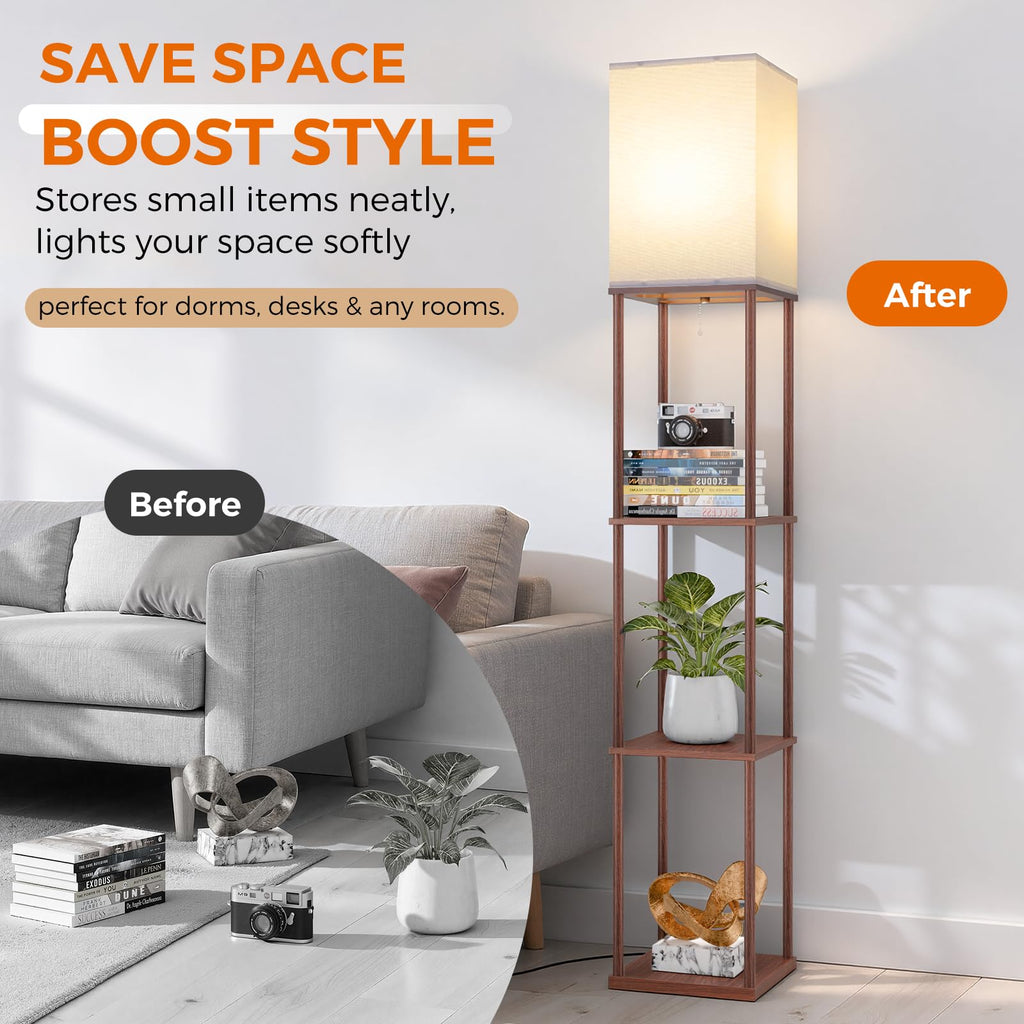 Floor Lamp with Shelves, 3-Tier Modern Square Bookshelf Standing Lamp Brown