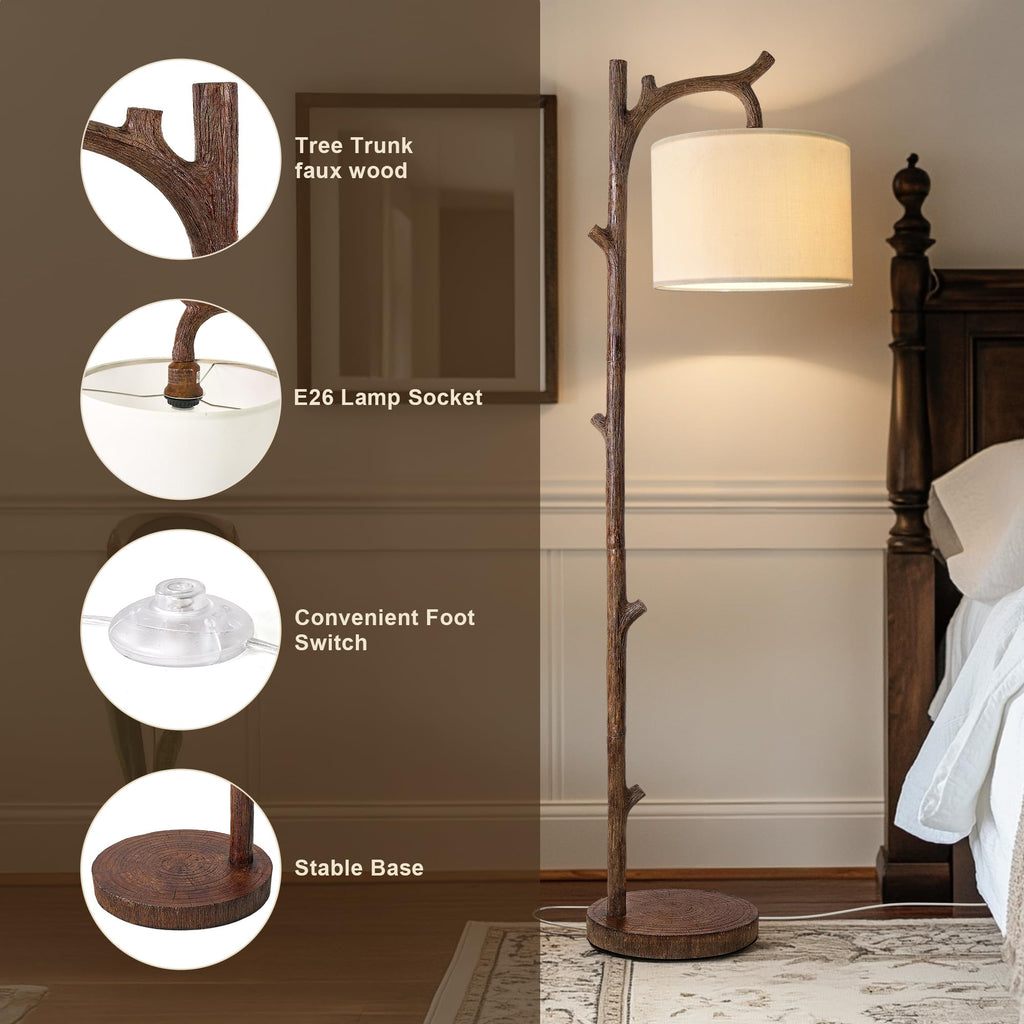 Retro Farmhouse Floor Lamp with Remote Rustic Standing Lamps Tree Trunk Deco Modern Country Vintage Wood Floor
