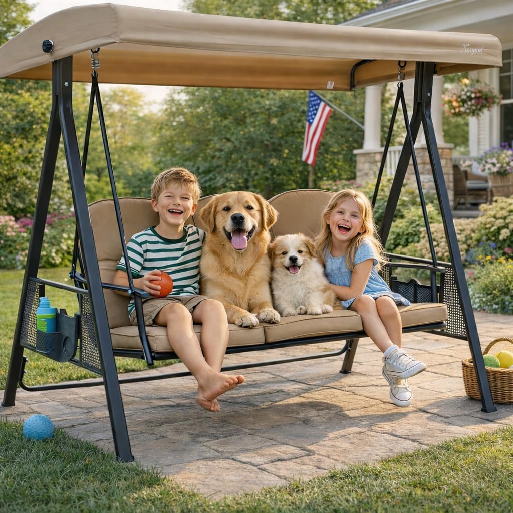 Herbert Deluxe 3-Seat Patio Porch Swing Chair with Stand | Adjustable Canopy, Outdoor Freestanding Swing Chair for