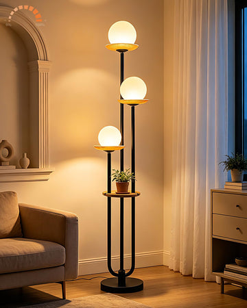 Black Floor Lamp Dimmable with Amber Glass Tray Tall Lamp