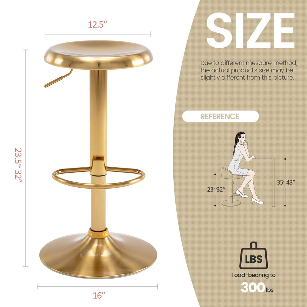 Adjustable Bar Stool, Swivel Round Metal Airlift Backless, 1 pc Gold