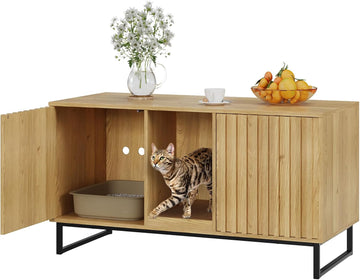 Cat Litter Box Enclosure for 2 Cats, 47.6'' Litter Box Furniture Hidden with Scratch Pad, Double Room Large Cat