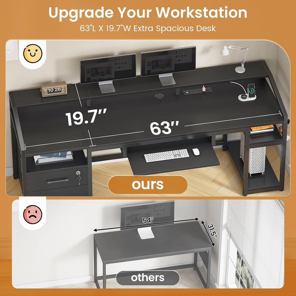 63" Computer Desk, Office Desk with Lockable Drawers for Legal/Letter File, Gaming Desk with LED Lights & Power