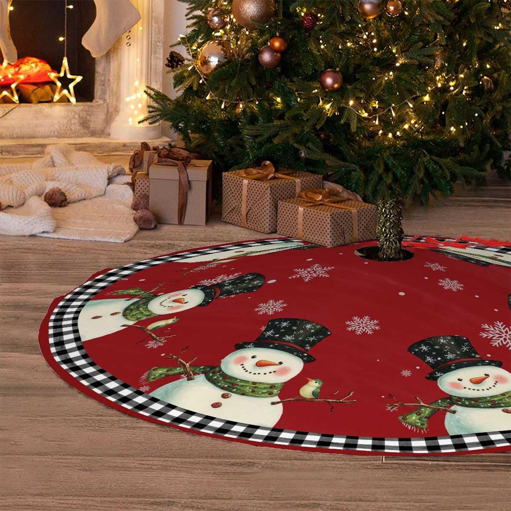 Red Snowman Christmas Tree Skirt 48 inch Buffalo Plaid Tree Decorations