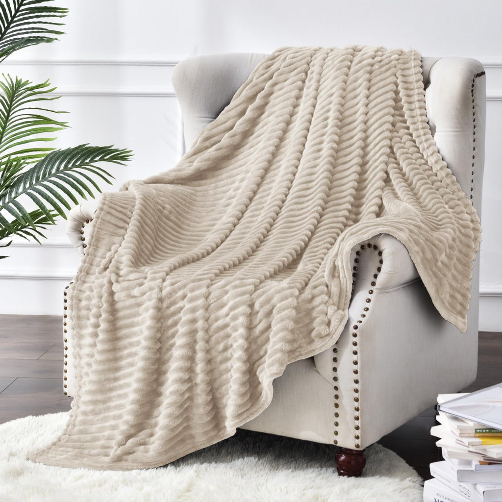 3D Ribbed Linen Fleece Fall Throw Blanket for Couch, 50x60 Inch