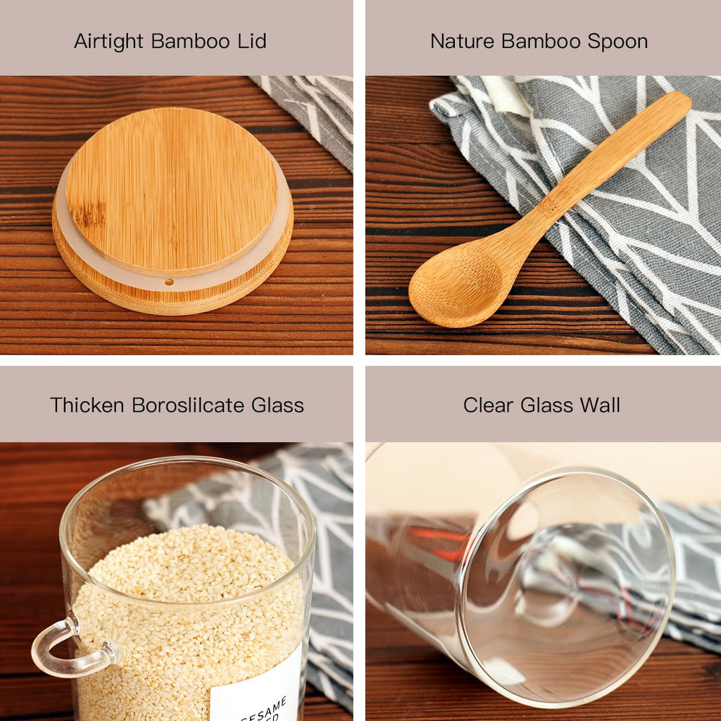 6 Pcs Glass Jar with Bamboo Lid and Spoon - 17 oz Large Sugar Container with 148 Kitchen Pantry Spice Jar Labels