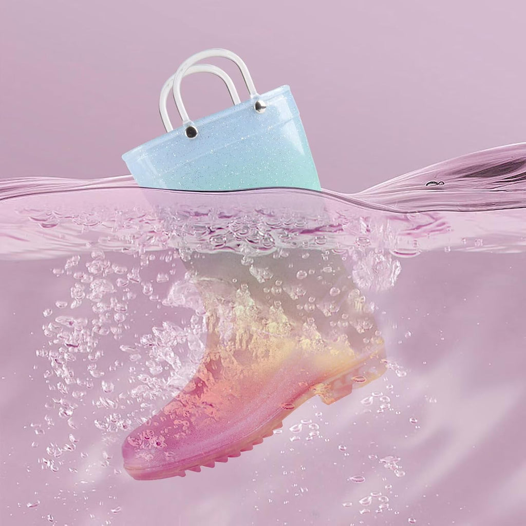 Kids Glitter Rain Boots Girls Waterproof Rain Shoes with Easy-on Handles
