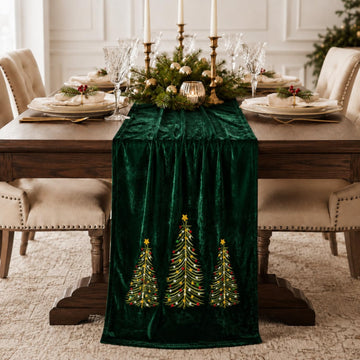 Green Velvet Christmas Table Runner Embroidered with Tree 13 x 72 Inch