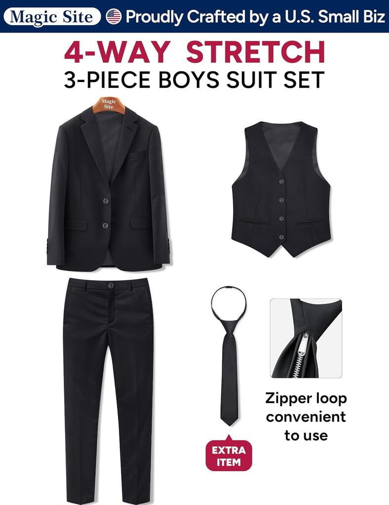 Boys Stretch Suit Set with Pre-Tied Zipper Tie | Slim & Husky Fit Options