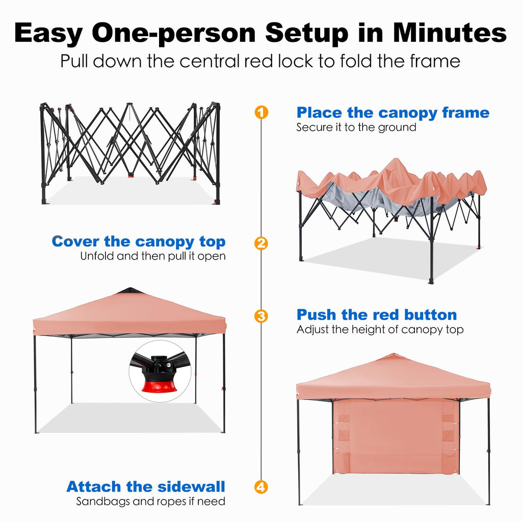 Pop Up Canopy Tent Outdoor Sidewall One Push (Ocher, 12X12)