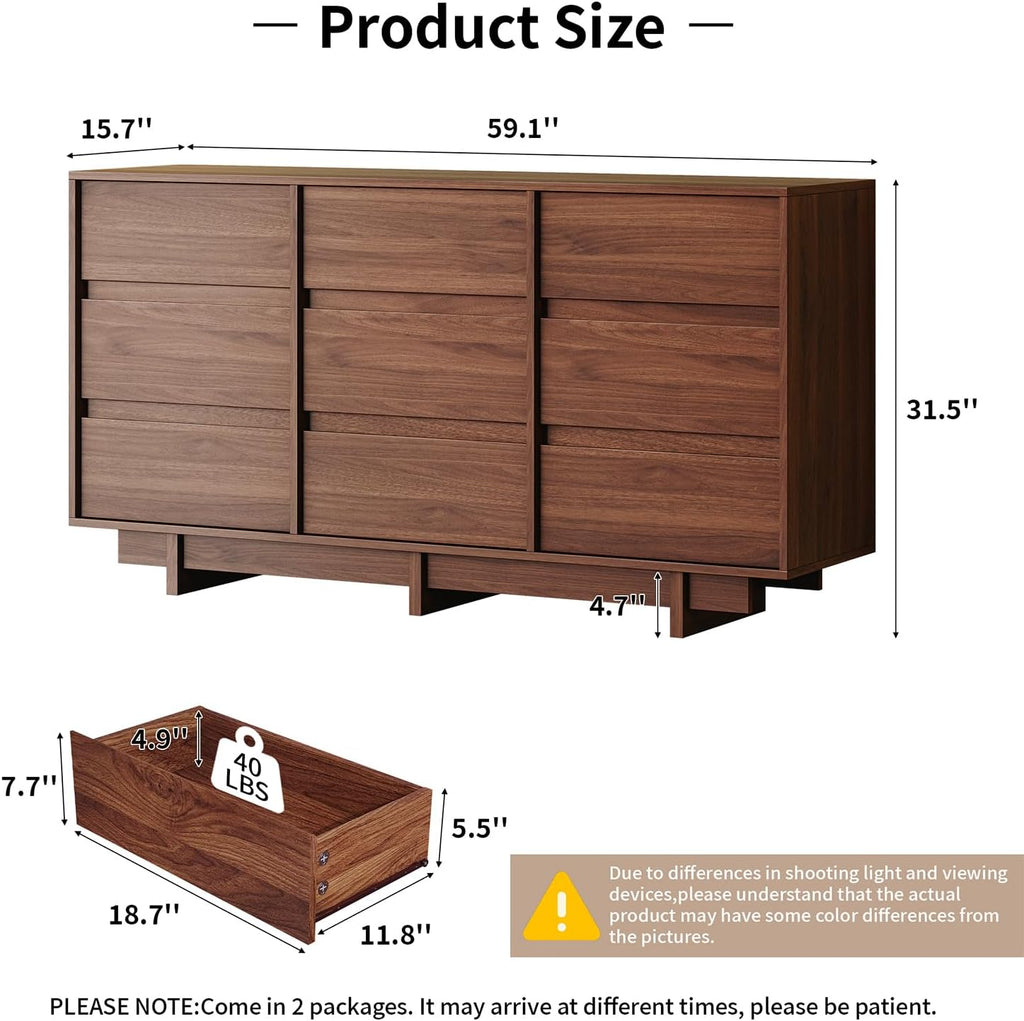 Walnut Dresser , 59" Wide 9 Drawer Dresser, Mid Century Modern Dressers Chest of Drawers, Wooden Large Dressers