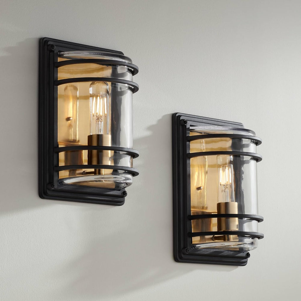 Modern Industrial Wall Light Sconces Set of 2 Black Brass Hardwire 7 1/2" Fixture Clear Glass Shade for Bedroom Bathroom Bedside Vanity Living Room Home Hallway Dining A123-B0CNSXTFSK