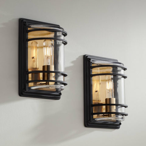 Modern Industrial Wall Light Sconces Set of 2 Black Brass Hardwire 7 1/2" Fixture Clear Glass Shade for Bedroom Bathroom Bedside Vanity Living Room Home Hallway Dining A123-B0CNSXTFSK