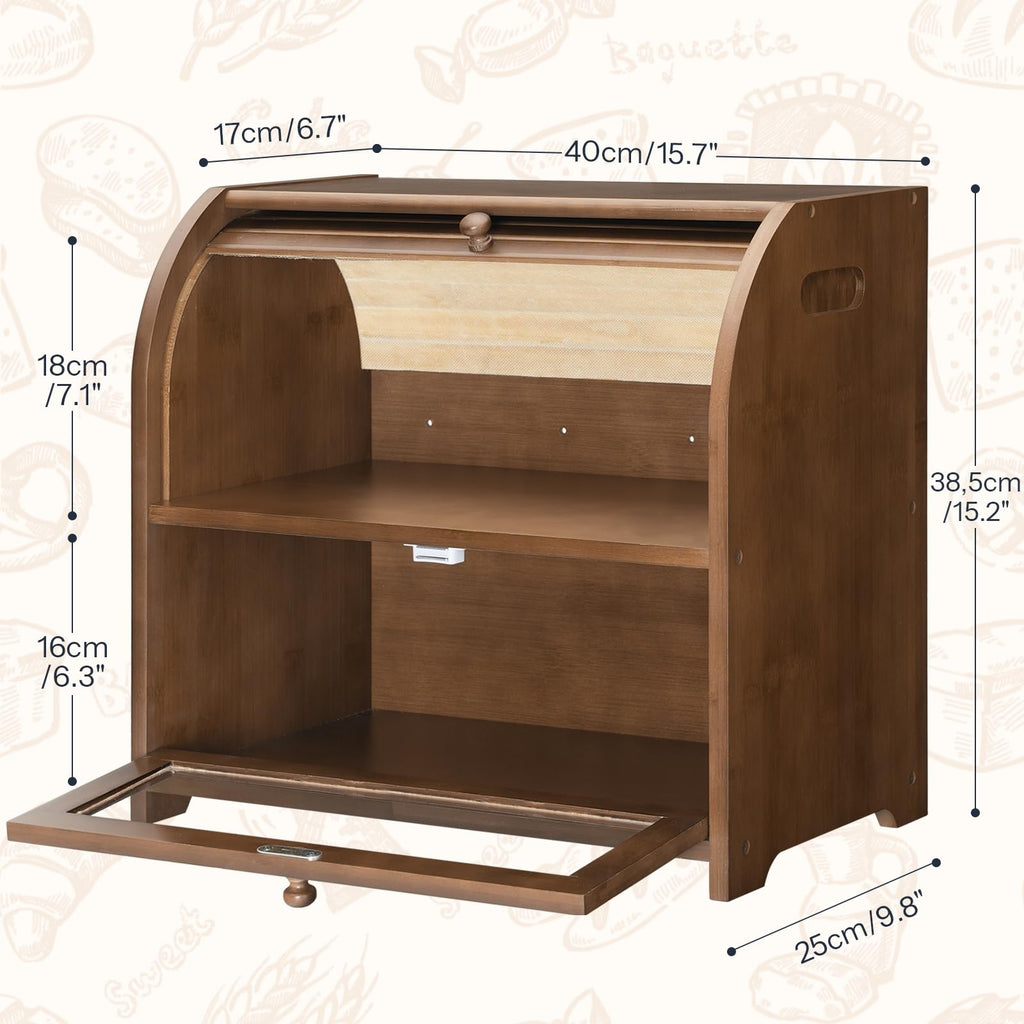 Bamboo Countertop, 2 Tier Roll-Top Bread Bin, Food Storage Box, Large Capacity Keeper, Wooden Storage Cabinet, Brown