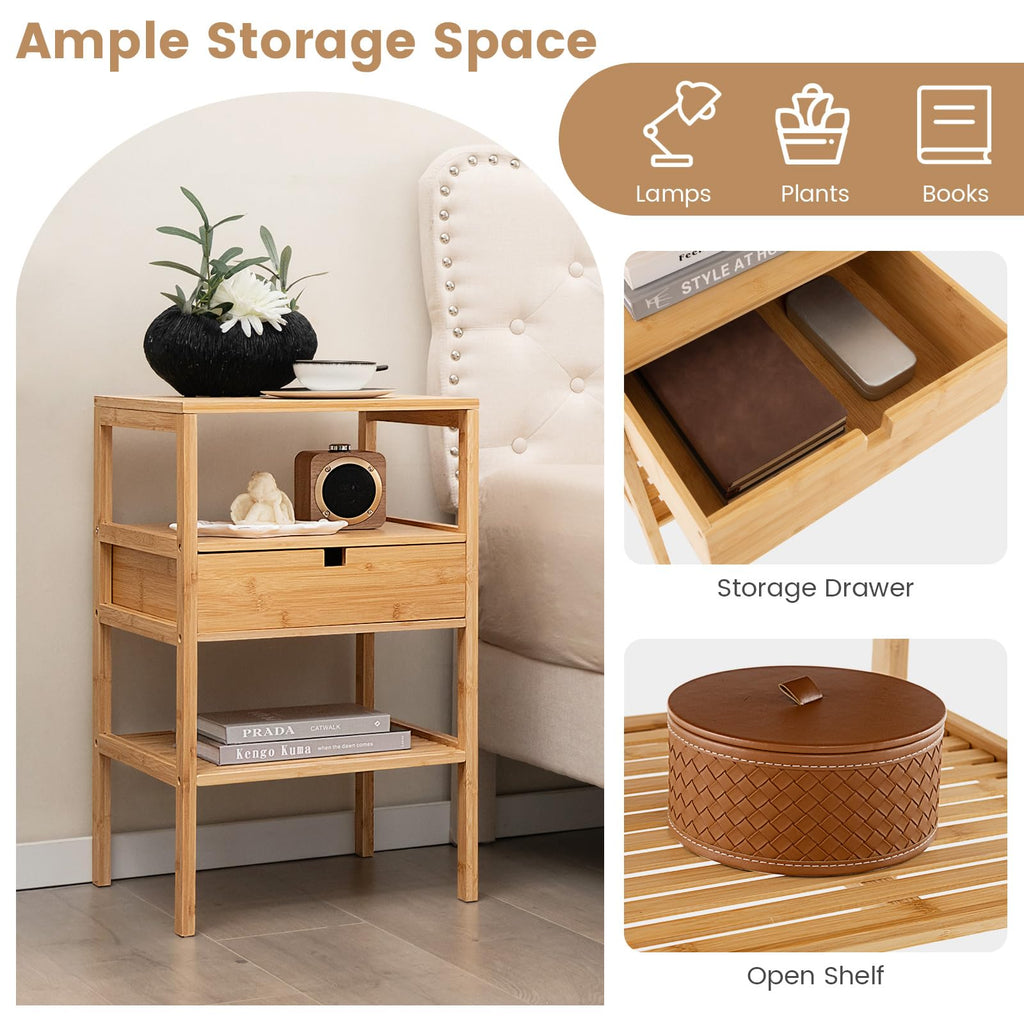 3-Tier Bamboo Nightstands Set of 2 with Drawer, Open Shelf, Natural