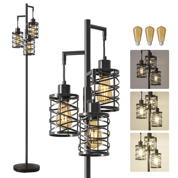 70" Industrial Floor Lamp, Stepless Dimmable Standing Lamp with 3 Bulbs, Farmhouse Corner Standing Tree Lamp, Tall