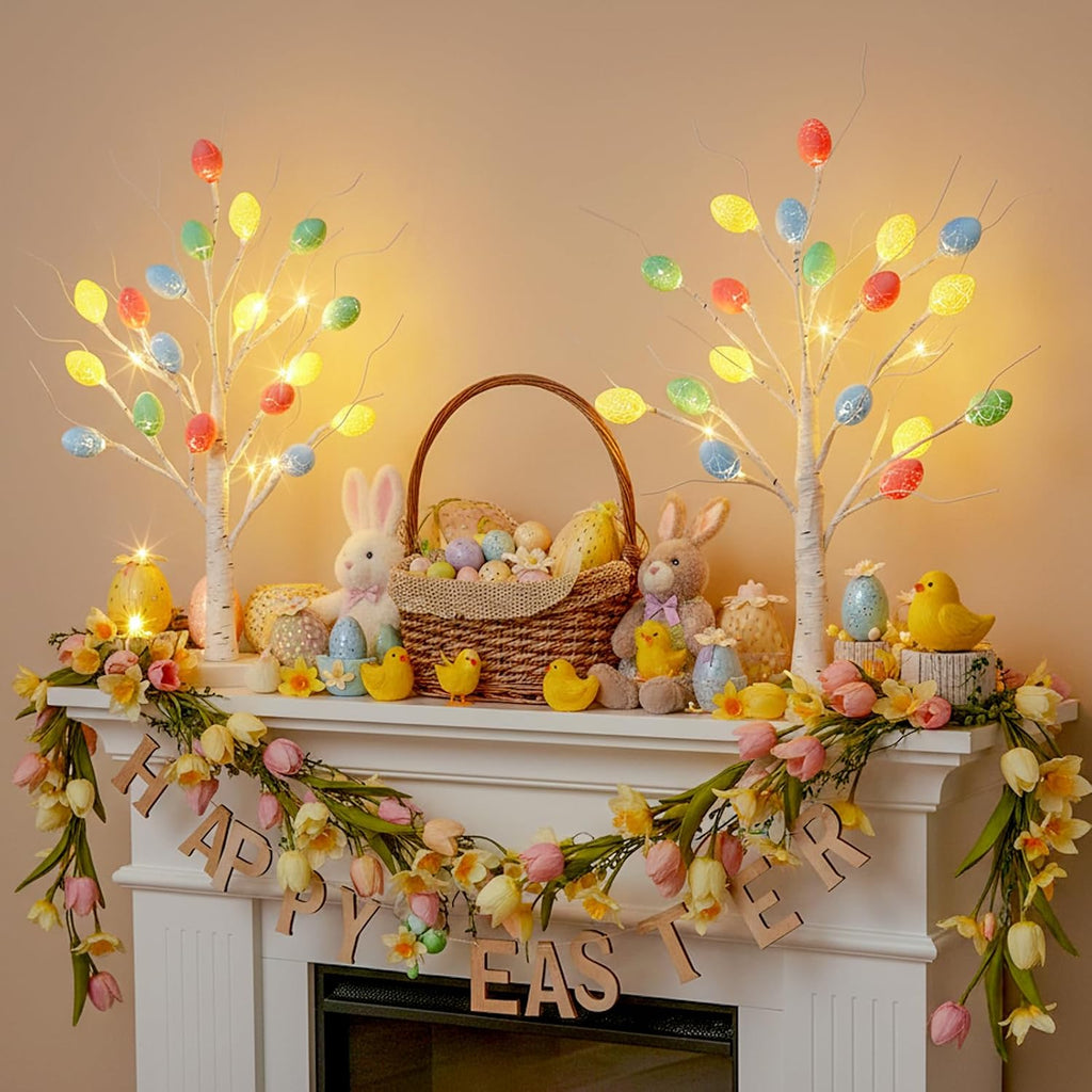 Easter Decorations, 2 Pack Lighted Easter Tree Battery Operated with Timer, 22 Inch LED Birch Tree with 36 Egg - Set of 2