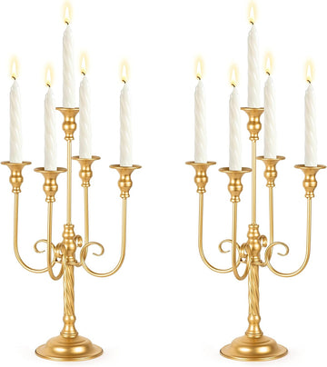 19.7in Gold Candelabra Centerpieces for Tables, 2Pcs Metal Tall Candle Holder for Taper Candles, 5 Arm Candlestick