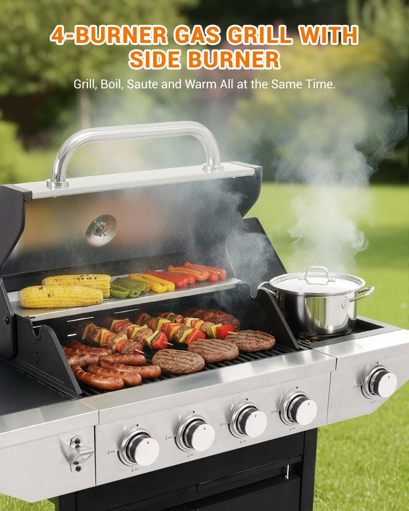 4-Burner Propane Gas Grill with Side Burner, 46,500 BTU Stainless Steel BBQ Grill with Enameled Cast Iron Grates and Side Tables for Patio and Backyard