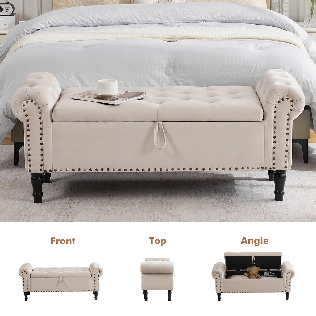 End of Bed Storage Bench Queen Size, 51'' Storage Bench End of Bed, Upholstered Velvet Tufted Storage Ottoman Benches