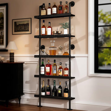 5-Tier Industrial Bar Shelves Wall Mounted, 78" Tall Pipe Wine Rack with Anti-Fall Guards, Wall Mounted Bar Shelves