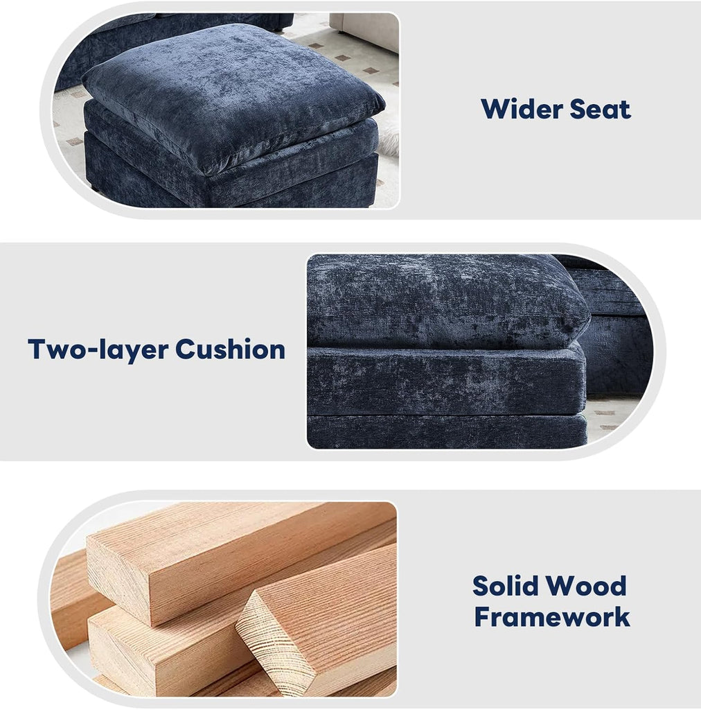 25" Chenille Ottoman, 9.5" Thick Cushion, Upholstered Footrest Modern Footstool & Bench , Blue
