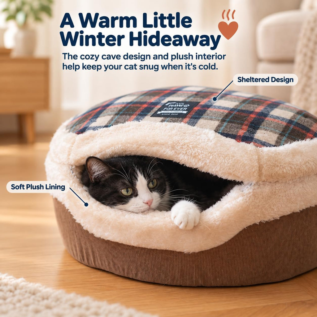 Cat Bed Cave - Enclosed Hideaway with Detachable Lid for Kitten (Brown)