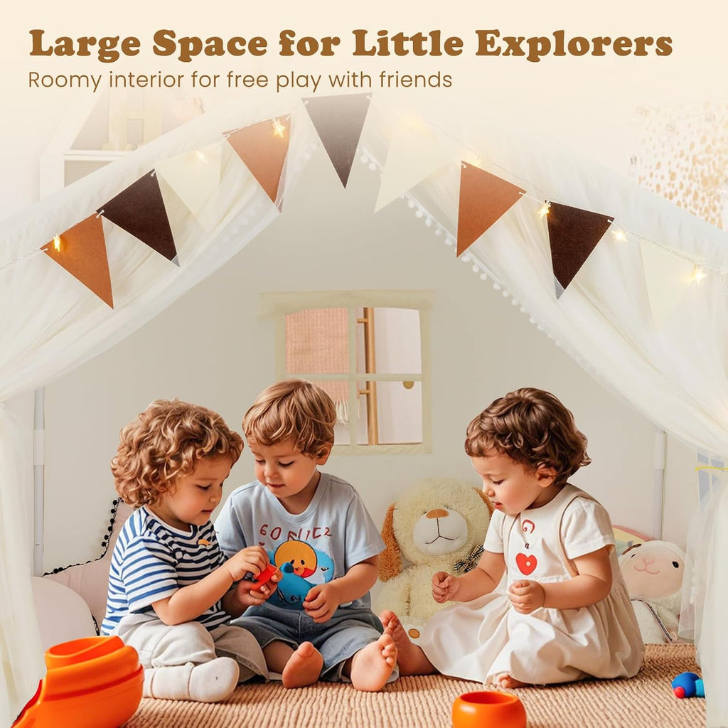 Kids Play Tent, Large Size Playhouse with Washable Cotton Mat Star Light Windows Plaid Pennants, 57.5" x 38" x 52.5"