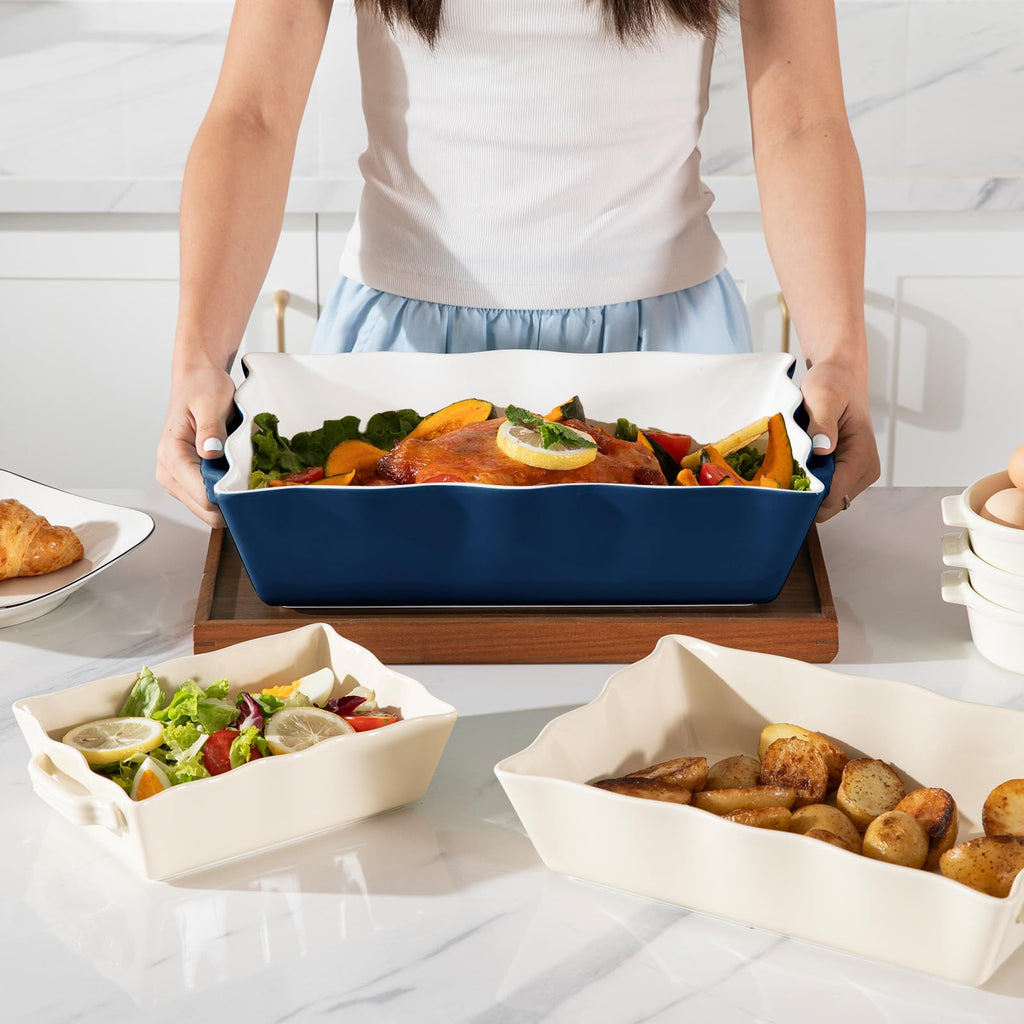 Casserole Dishes for Oven, Ceramic Bakeware Set of 3, Rectangular Baking dish with Handles, Wave Edge Lasagna Pan