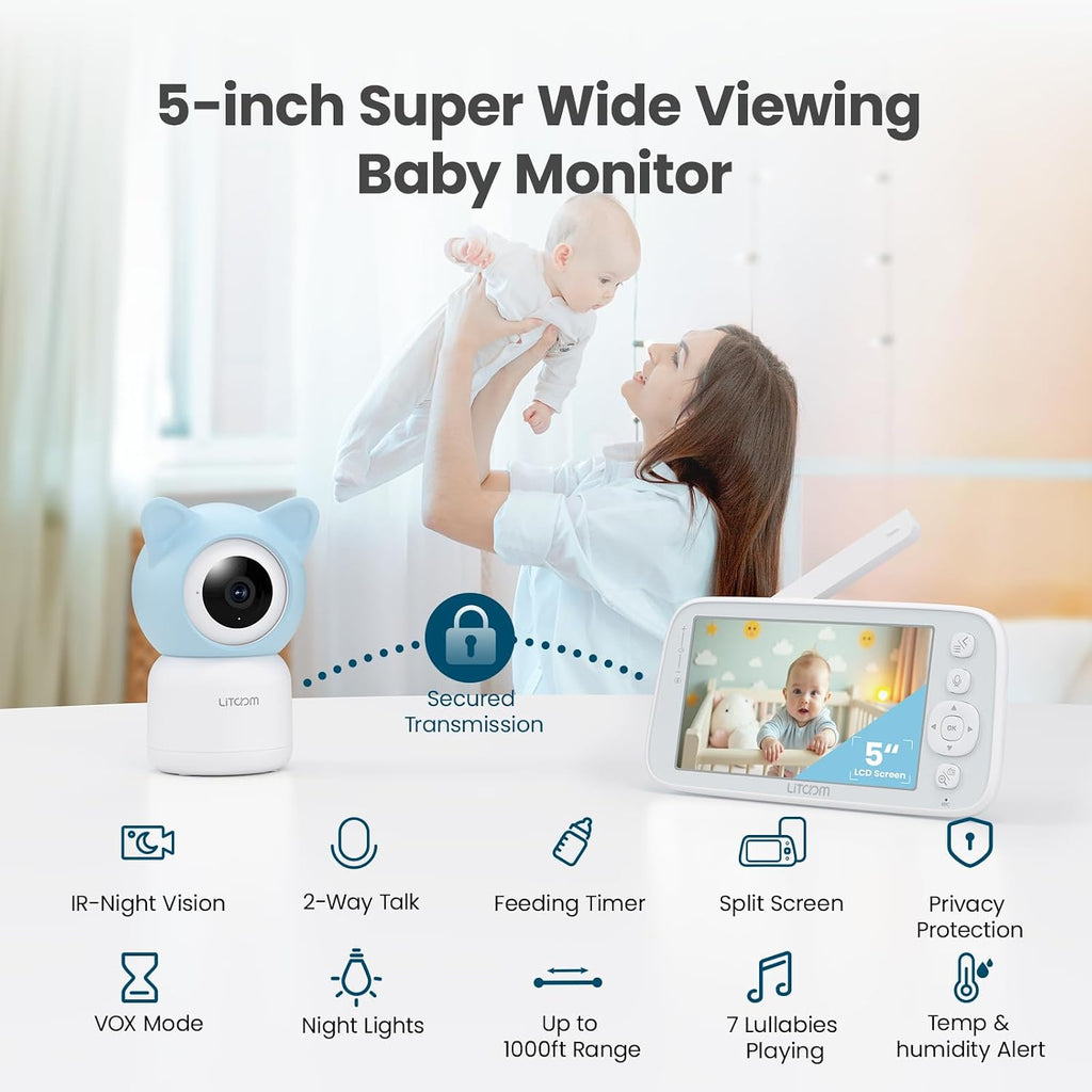 4MP Baby Monitor with Camera and Audio, inch 1080P Split-Screen, No WiFi & 5G/2.4G WiFi, Remote Pan-Tilt-Zoom