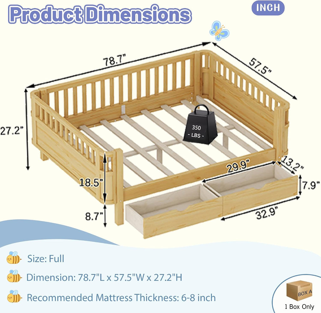 Bed Frame for Kids with Rails, Montessori Bed with Storage Drawers, Low Profile Platform Beds with Pine