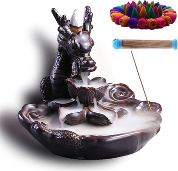 Dragon Incense Waterfall Burner Ceramic Backflow Incense Holder Set with Incense Cones and Incense Sticks, Dragon - Set of 95