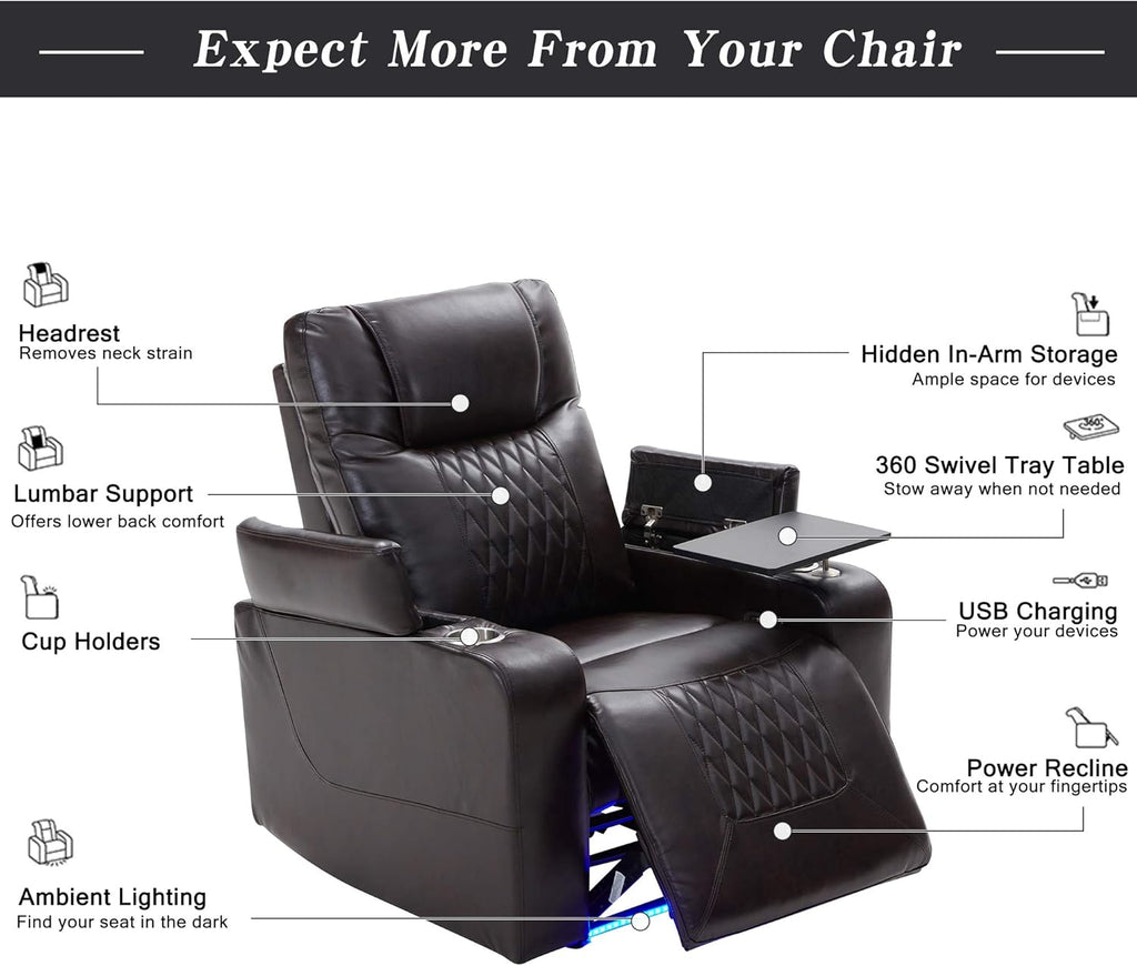 Electric Recliner Chair with USB Charge Port, 360 Swivel Tray Table, Hand in-Arm Storage, and Cup Holders