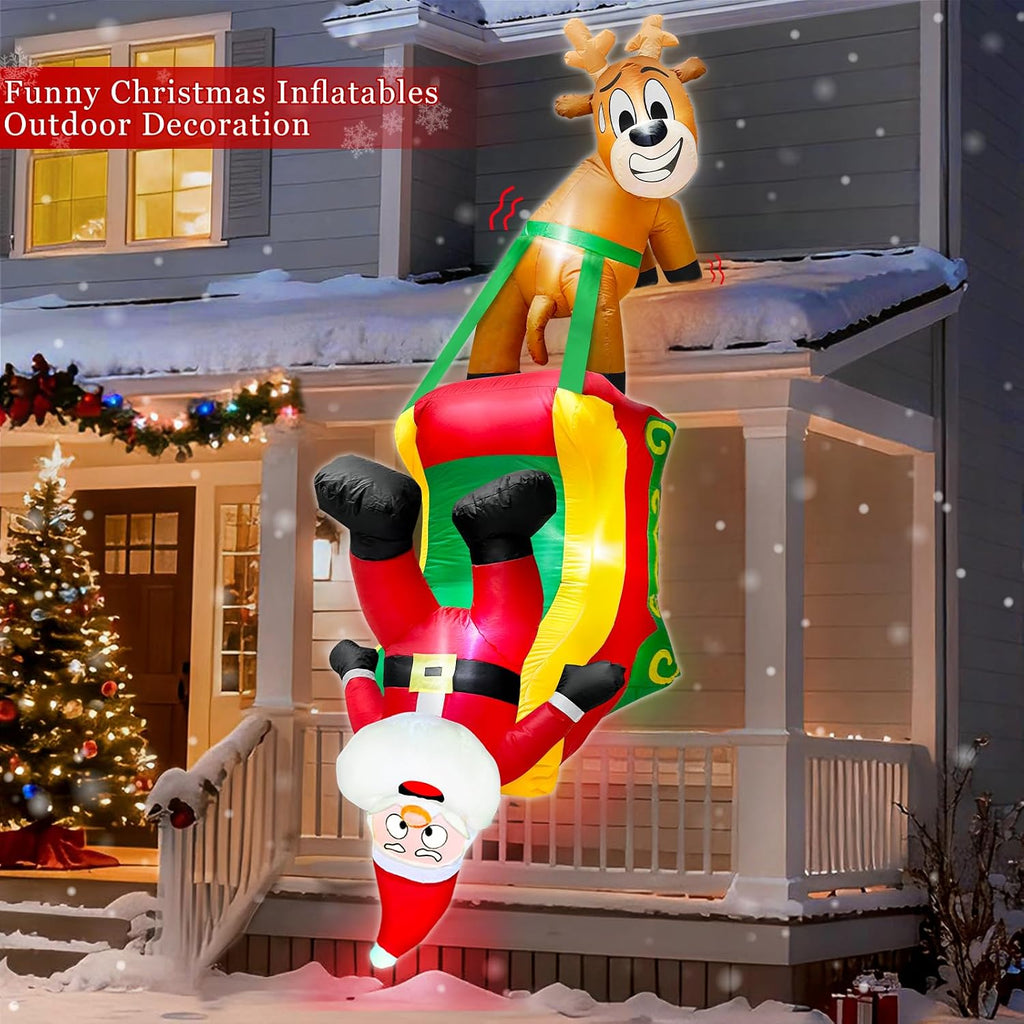 8.5 Ft Hanging Christmas Inflatable Outdoor Decoration, Blow Up Reindeer Pulling Santa Claus on Sleigh Built-in LED