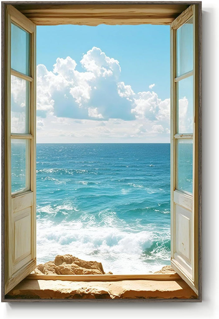 Framed Window Beach Scene Wall Art, Blue Ocean Vertical Coastal Canvas Painting Prints, Summer Seascape Wave Artworks
