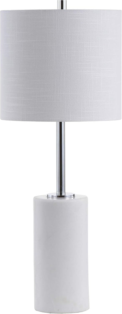25.5" White Marble and Chrome Modern LED Table Lamp, Minimalist Iron Bedside Lamp Bedroom, White Linen Drum Shade