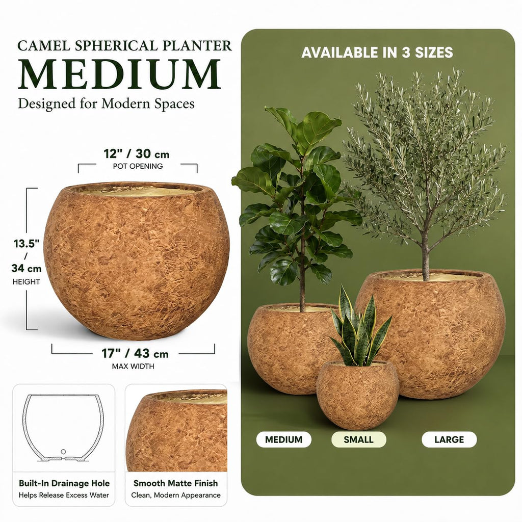 13.5" H x 17" Dia Round Brown Fiberstone Planter Pot with Drainage Hole, Lightweight UV-Resistant Stone-Look