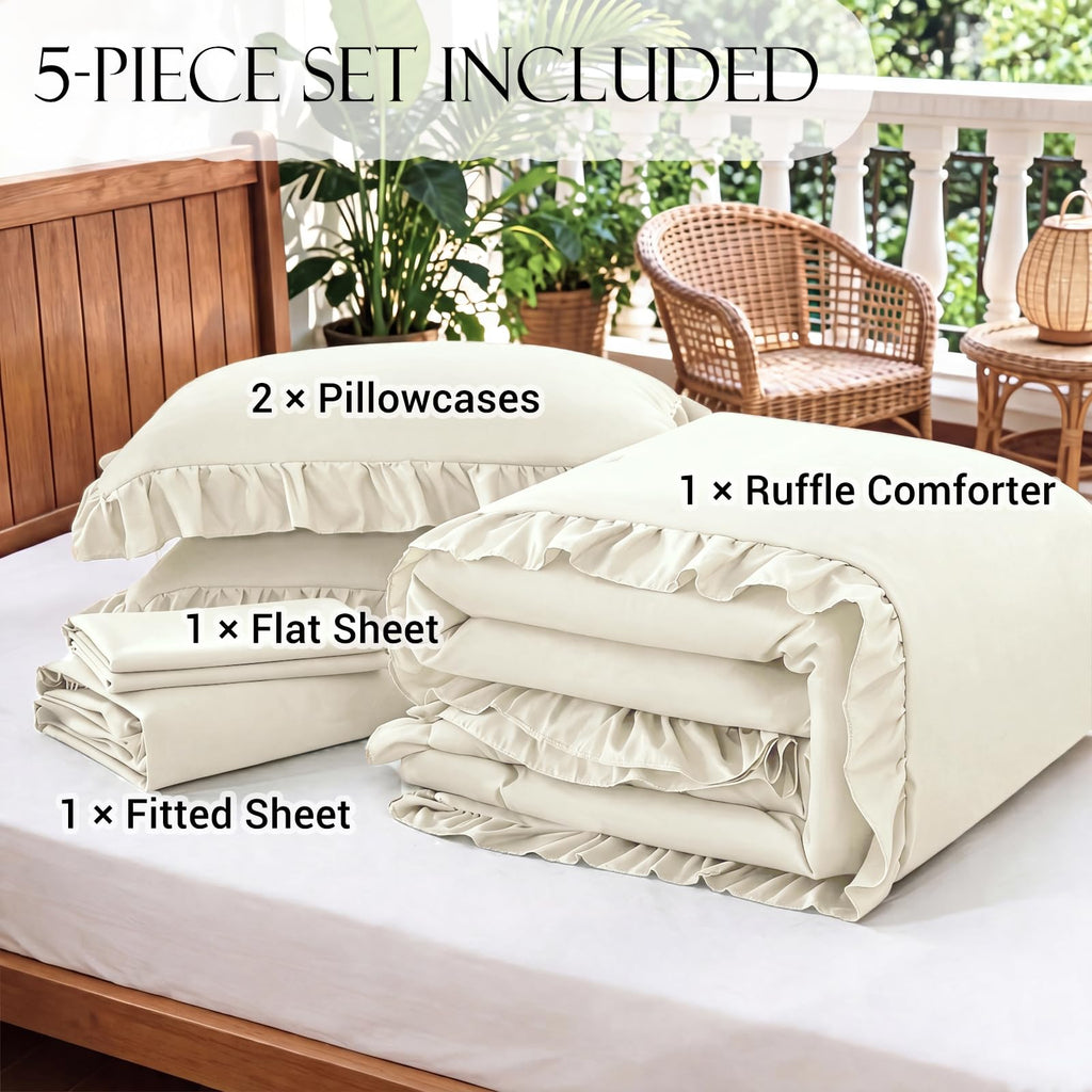 Beige Queen Comforter Set 5 Pieces Ruffle Shabby Chic Bedding Set for All Season Lightweight Fluffy Soft Microfiber