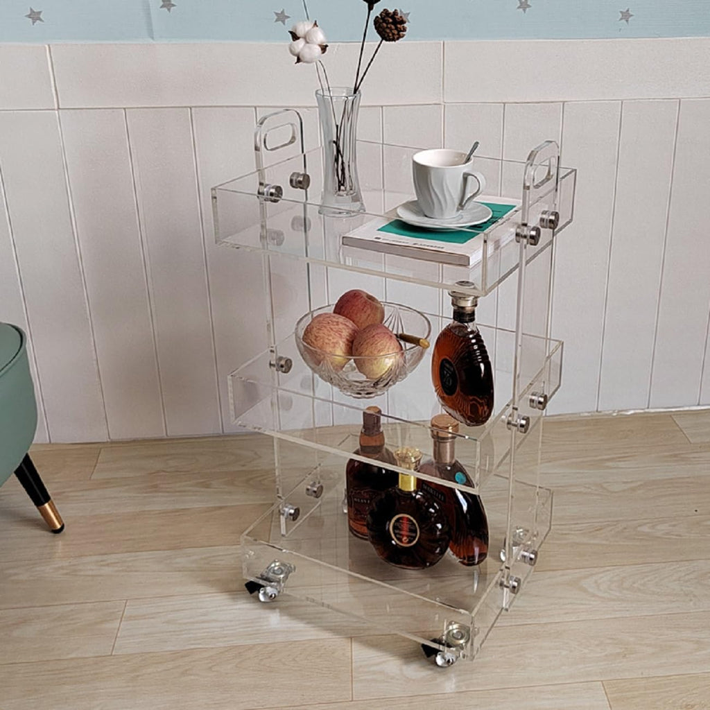 Clear Acrylic Side Table with Wheels, 3 Tier Acrylic End Table Side Table Rolling Serving Cart Snack Table Easy