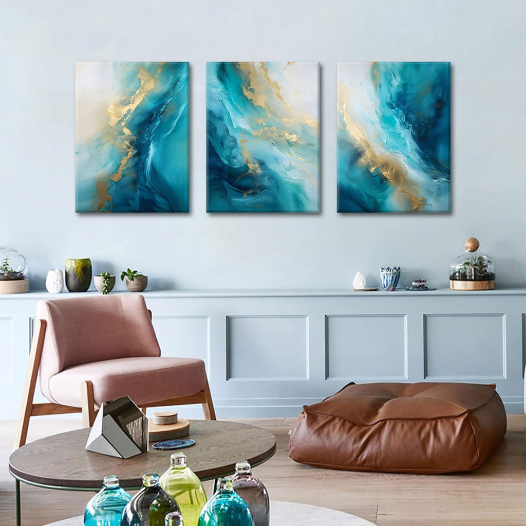 Teal Gold Canvas Wall Art Set of 3 Abstract Aqua Blue Gold Marble Fluid Wall Decor Pictures Neutral Modern Minimalist