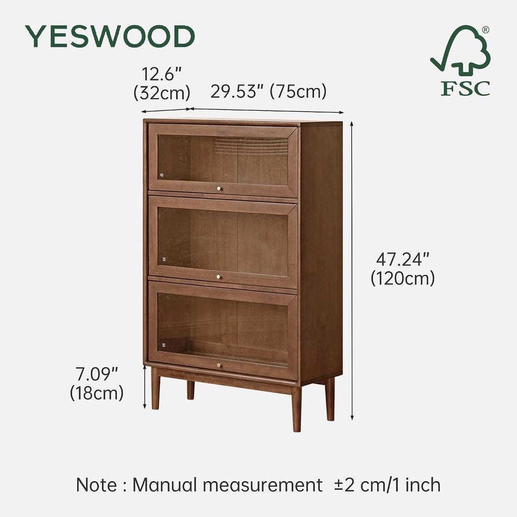 Solid Wood Bookshelf with Glass Flip-Up Doors, Vintage Display Cabinet, Solid Rubber Wood Combination Bookcase