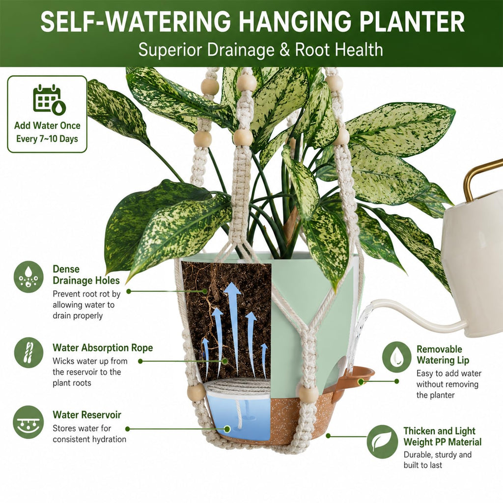 Self Watering Hanging Planters for Indoor Plants 3 Pack Macrame Plant Hangers with Drainage Holes Pots and Hooks
