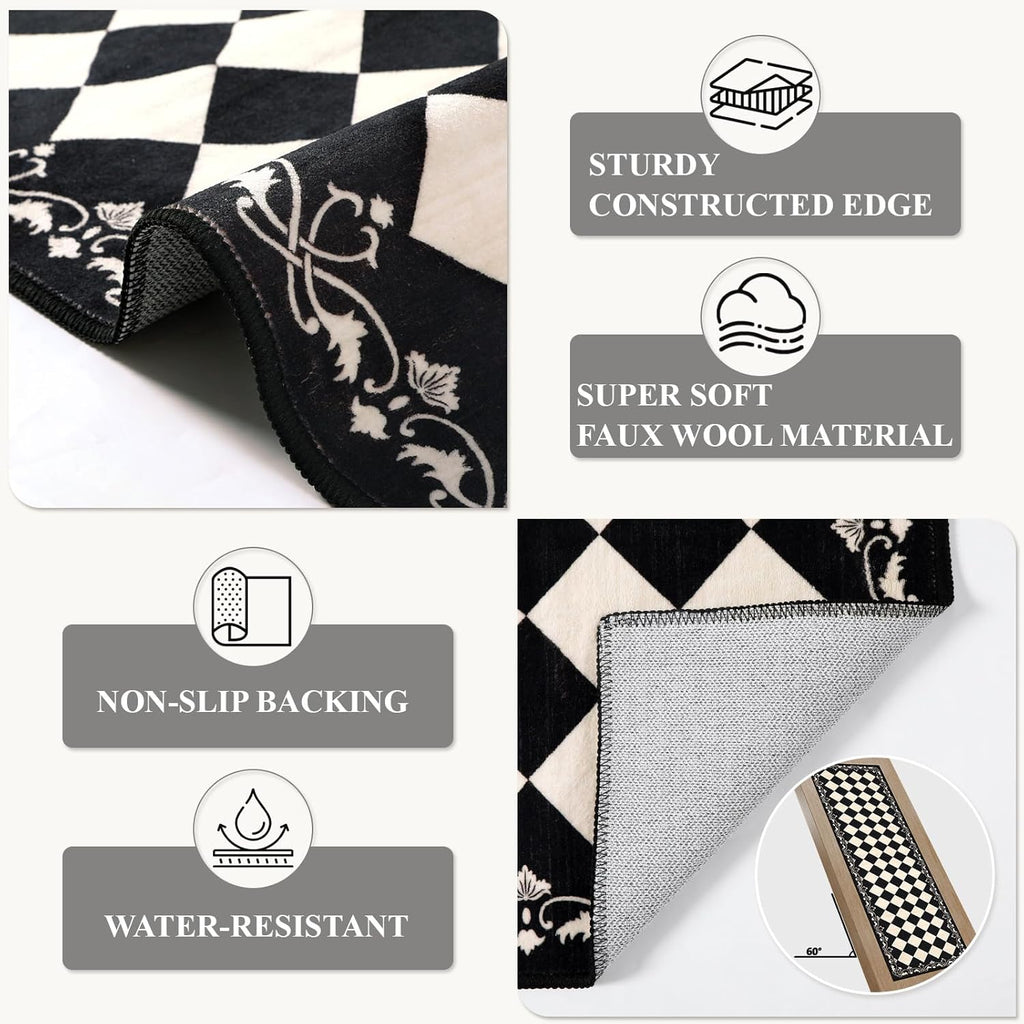 Checkered Bathroom Runner Rug, Black and White Washable Runners s Non Slip, Moroccan Trellis Rug for Besides