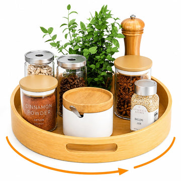 Bamboo Lazy Susan Turntable Organizer 10 in - Round Rotating Spice Rack with Handles,Wood Turntable Cabinet