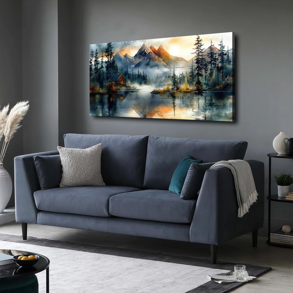 Large Mountain Cabin Wall Art 48x24 Rustic Lake Panoramic Canvas Print