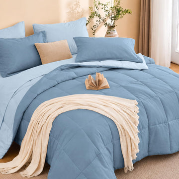 Comforter Set with Sheets - 7 Pieces Bed in a Bag Blue Bedding Sets