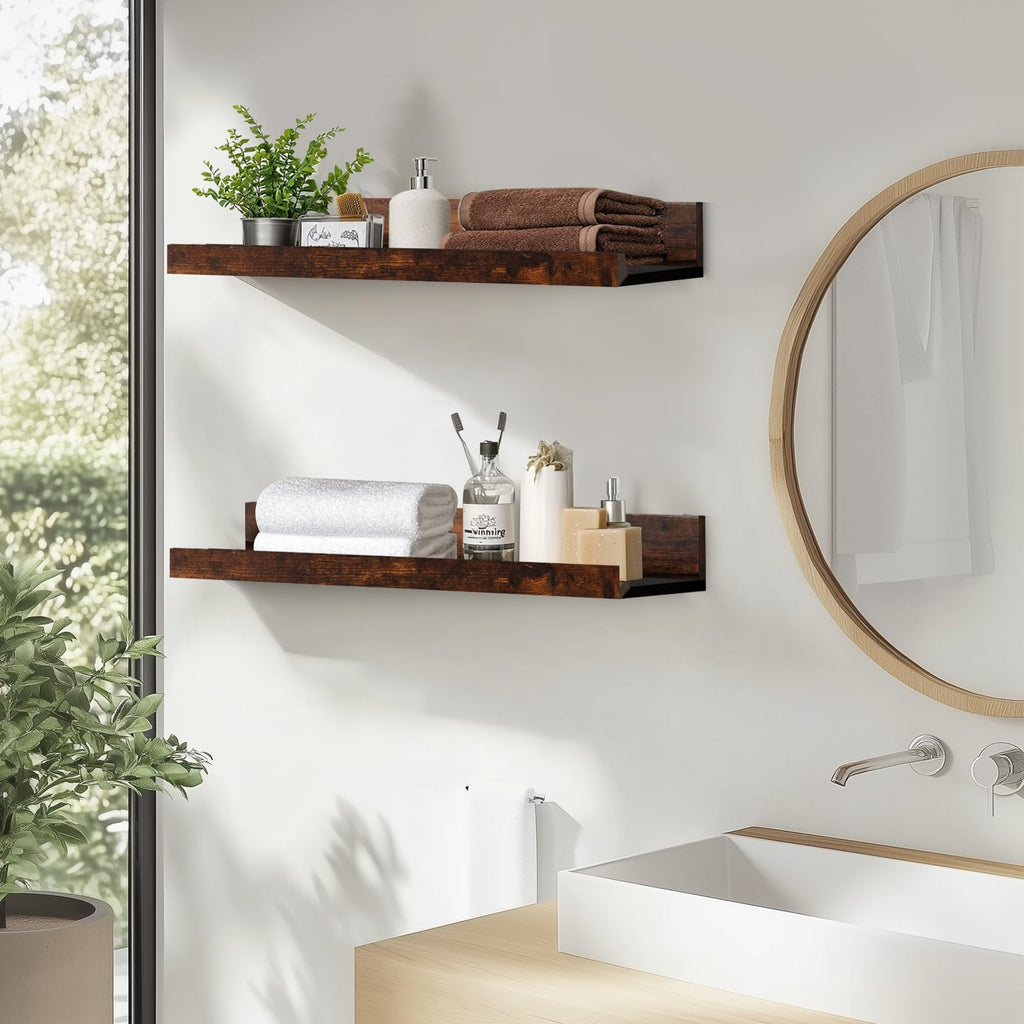 24" Wood Floating Shelves Wall Shelf with Lip, 2Pcs, Brown