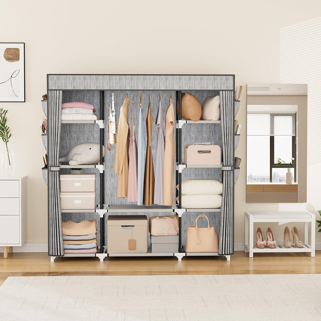 Portable Closet Wardrobe for Hanging Clothes 57.3 Inch Large Capacity Clothes Rack with Cover, 10 Storage Organizer