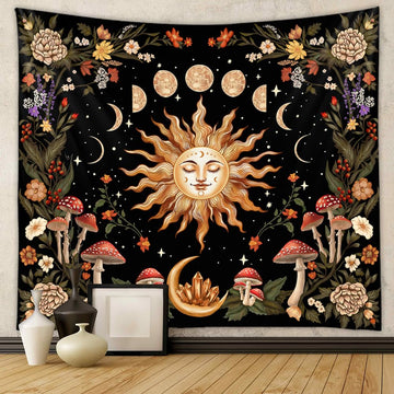 Burning Sun Wall Tapestry Moon Phase Tapestry Wall Hanging Witchy Room Decor Botanical Flowers Tapestries Aesthetic